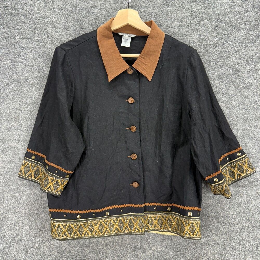 Stonebridge Jacket Women PL Petite Black Linen Collared 3/4 Sleeve Button Up